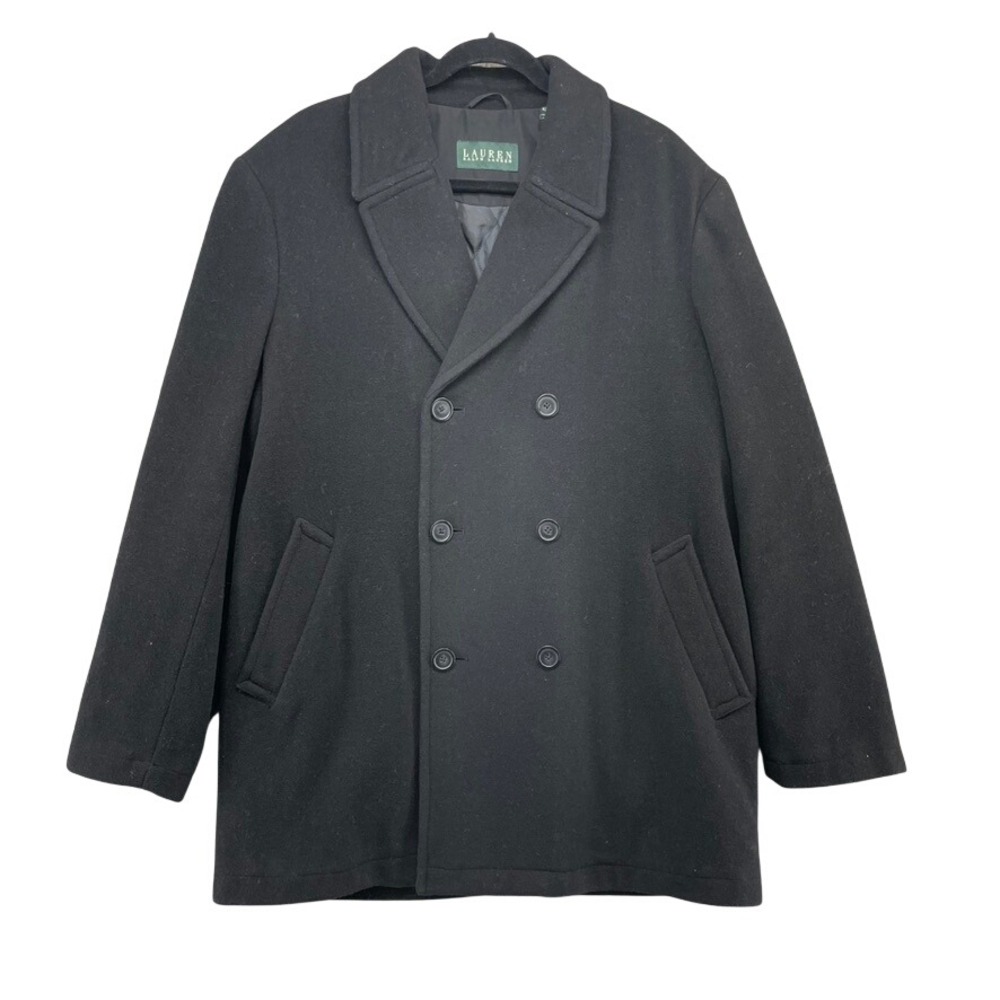 Lauren Ralph Lauren Pea Coat Mens 42R Black Double Breasted Wool Blend Quilted